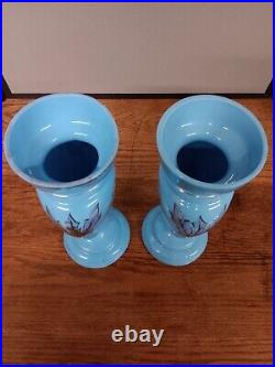 Antique Lot Of 2 Victorian Glass Vase Harrach Blue Opaline Hand Painted Flowers