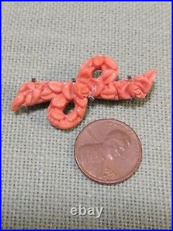 Antique Lovely ART DECO VICTORIAN Hand CARVED ROSES Coral Bowtie BROOCH