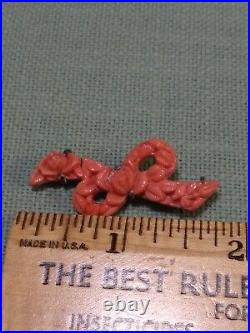 Antique Lovely ART DECO VICTORIAN Hand CARVED ROSES Coral Bowtie BROOCH