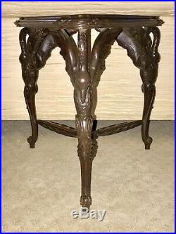 Antique Mahogany Hand Carved Swan Triple Leg Triangular Table Victorian