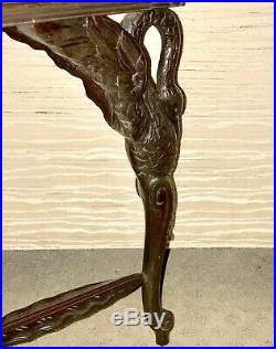 Antique Mahogany Hand Carved Swan Triple Leg Triangular Table Victorian