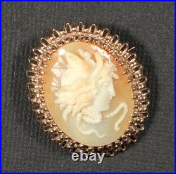 Antique Medusa Cameo Brooch Hand Carved Shell Gold Filled Mythological Woman