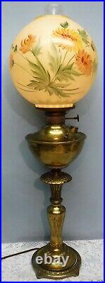 Antique Miller Brass Victorian Banquet Electric Oil Lamp Hand Painted Globe