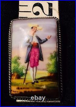 Antique Miniature Portrait Brooch Cameo Sterling Silver Hand Painted Victorian