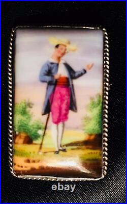 Antique Miniature Portrait Brooch Cameo Sterling Silver Hand Painted Victorian