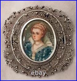 Antique Miniature Portrait Brooch Cameo Victorian 800 Silver Nt Sterling Pendant