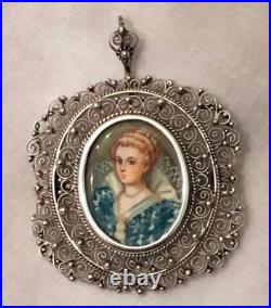 Antique Miniature Portrait Brooch Cameo Victorian 800 Silver Nt Sterling Pendant