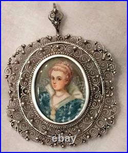 Antique Miniature Portrait Brooch Cameo Victorian 800 Silver Nt Sterling Pendant