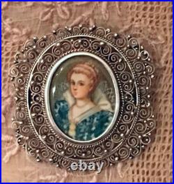 Antique Miniature Portrait Brooch Cameo Victorian 800 Silver Nt Sterling Pendant