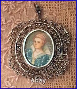 Antique Miniature Portrait Brooch Cameo Victorian 800 Silver Nt Sterling Pendant
