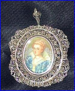 Antique Miniature Portrait Brooch Cameo Victorian 800 Silver Nt Sterling Pendant