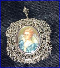 Antique Miniature Portrait Brooch Cameo Victorian 800 Silver Nt Sterling Pendant