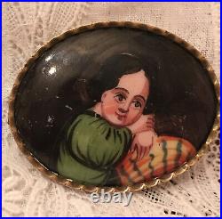 Antique Miniature Portrait Brooch Hand Painted Porcelain Victorian Biedermeier
