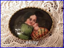 Antique Miniature Portrait Brooch Hand Painted Porcelain Victorian Biedermeier