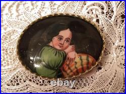 Antique Miniature Portrait Brooch Hand Painted Porcelain Victorian Biedermeier