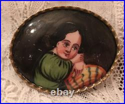 Antique Miniature Portrait Brooch Hand Painted Porcelain Victorian Biedermeier