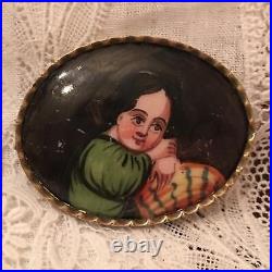 Antique Miniature Portrait Brooch Hand Painted Porcelain Victorian Biedermeier