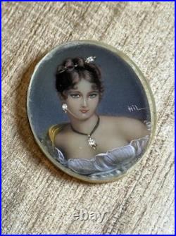 Antique Miniature Portrait Hand Painted with Diamond Accents Victorian Style Oval