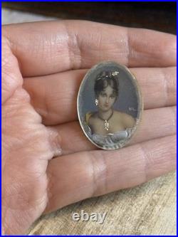 Antique Miniature Portrait Hand Painted with Diamond Accents Victorian Style Oval