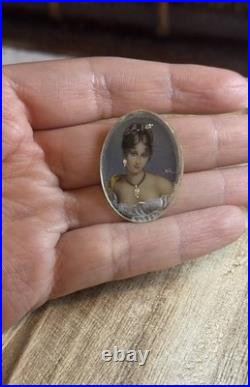 Antique Miniature Portrait Hand Painted with Diamond Accents Victorian Style Oval