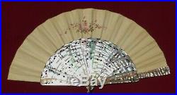 Antique Mother Of Pearl And Hand Painted And Signed Paper Hand Fan