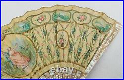 Antique Mother Of Pearl And Hand Painted Paper Signed Hand Fan