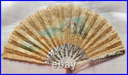Antique Mother Of Pearl And Lace Hand Painted Hand Fan