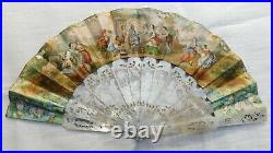 Antique Mother Of Pearl And Paper Hand Painted Hand Fan