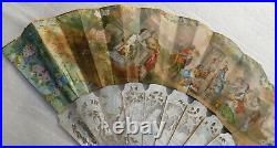 Antique Mother Of Pearl And Paper Hand Painted Hand Fan