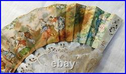 Antique Mother Of Pearl And Paper Hand Painted Hand Fan