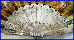 Antique Mother Of Pearl And Paper Hand Painted Hand Fan