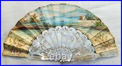 Antique Mother Of Pearl And Paper Hand Painted Hand Fan