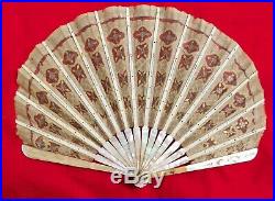 Antique Mother Of Pearl And Sequins Embroidered On The Fabric Hand Fan