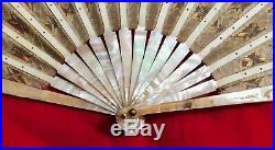 Antique Mother Of Pearl And Sequins Embroidered On The Fabric Hand Fan