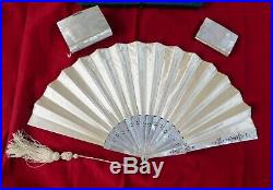 Antique Mother of Pearl signed Hand Fan, Dance Card and first Communion Book