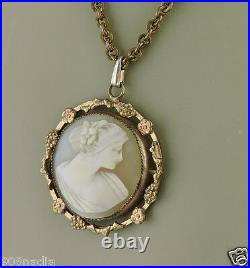 Antique Necklace/pendant Victorian Bronze Hand Carved Cameo Shell Portrait Lady