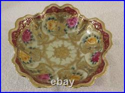 Antique Nippon Moriage Beads Gold Gilt & Hand Painted Roses 10 Serving Bowl