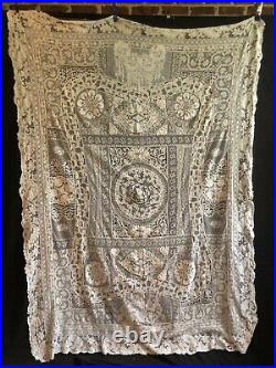 Antique Normandy hand made mixed lace tablecloth 56 x 78