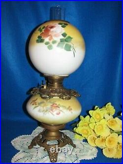 Antique Oil/kerosene Lamp Electrified Gwtw Hand Painted Ball Shade Clear Chimney