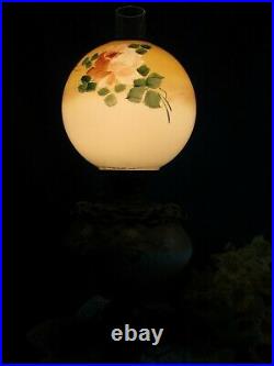 Antique Oil/kerosene Lamp Electrified Gwtw Hand Painted Ball Shade Clear Chimney