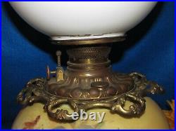 Antique Oil/kerosene Lamp Electrified Gwtw Hand Painted Ball Shade Clear Chimney