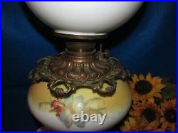 Antique Oil/kerosene Lamp Electrified Gwtw Hand Painted Ball Shade Clear Chimney