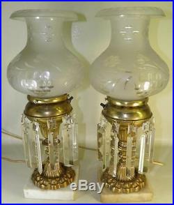 Antique Pair Astral Solar Lamps Ornate Brass Hand Cut Crystal Prisms Marble Base