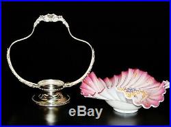 Antique Pair point Silver Plate Brides Basket with Pink Hand painted Ruffle Bow