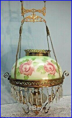 Antique Parlor Ceiling Light Hand Painted Floral Flower Library Chandelier 1887