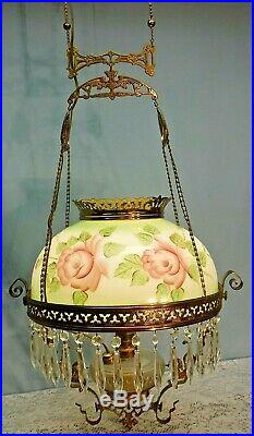 Antique Parlor Ceiling Light Hand Painted Floral Flower Library Chandelier 1887