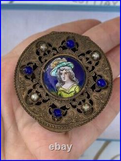 Antique Patch Box 19th Victorian hand painted Woman's Image Circa 1890s Rare