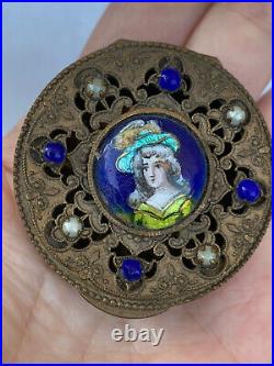 Antique Patch Box 19th Victorian hand painted Woman's Image Circa 1890s Rare