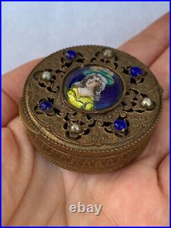 Antique Patch Box 19th Victorian hand painted Woman's Image Circa 1890s Rare