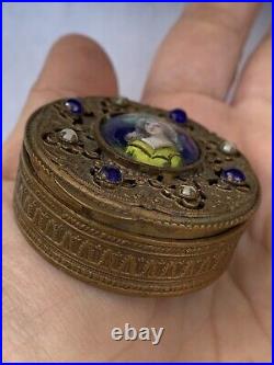 Antique Patch Box 19th Victorian hand painted Woman's Image Circa 1890s Rare